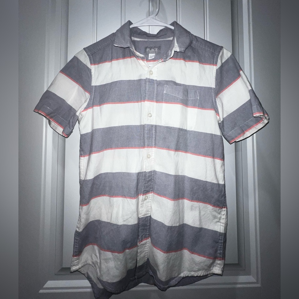 Boys Gray and White Striped short sleeve button down dress Shirt XL 14/16